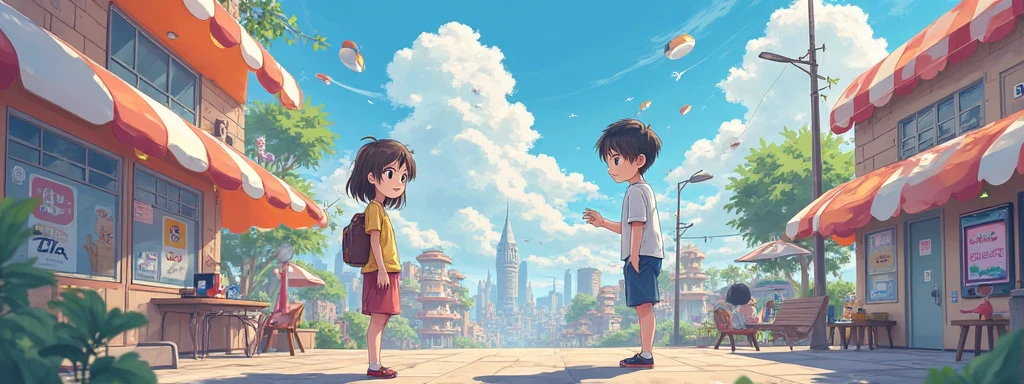 anime boy and girl with city design building with pigeon