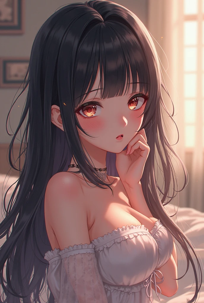 lookin at viewer, Looking up、all fours,
Realistic, real person, (pale skin: 1.2), RAW photo, photorealistic, shiny skin, shiny hair、
(A 25-year-old woman with medium-length hair and bangs) and (wavy hair) and (brown hair) and (Orange Eyes)、(black camisole)
(blush:1.5)smile,(Cleavage:1.5)、The background is the bedroom,