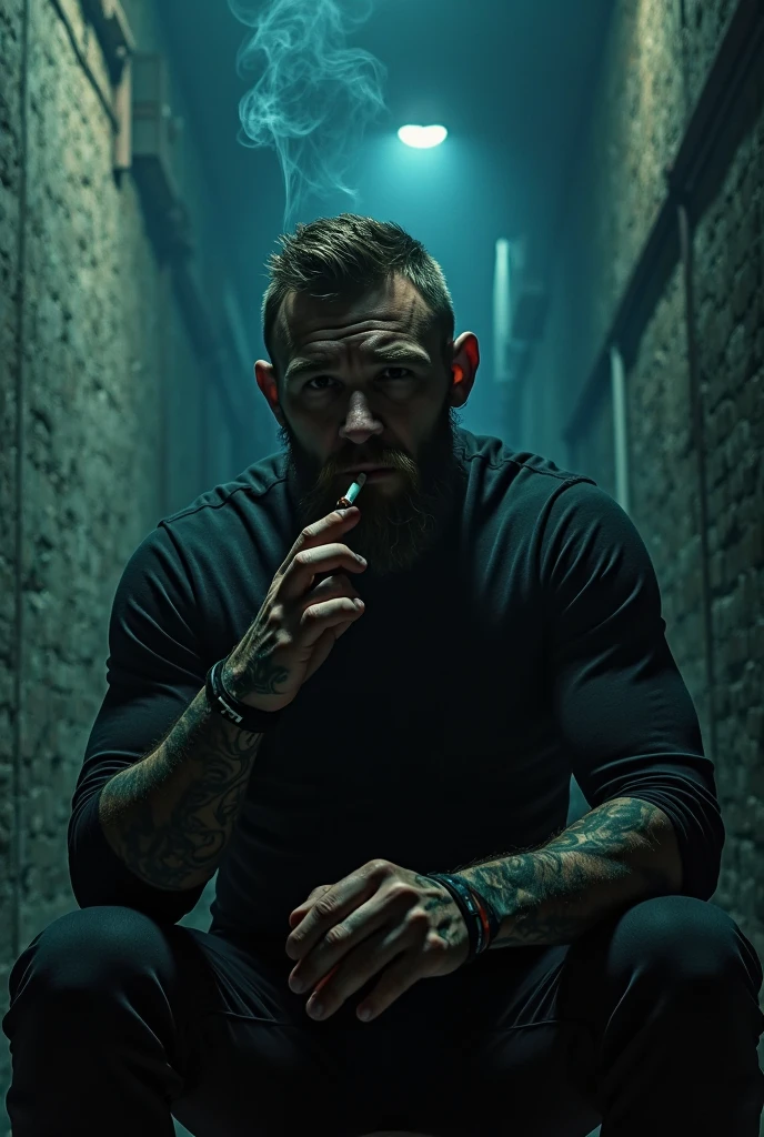 Homem Conor McGregor, lutando de mma ,5th year has fashion, neon red blood on arms, Afiado, Querer, smoke and fire.