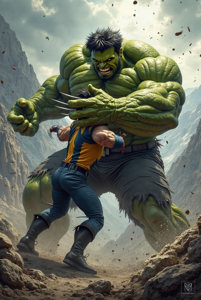 Wolverine do ator Hugh Jackman lutando contra o Hulk do ator Mark Ruffalo