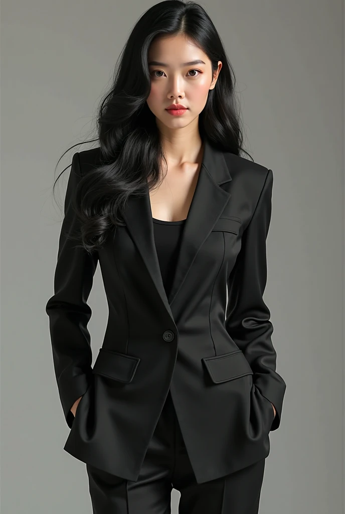 Long length straight Scarlet Hair, woman walking in black suit and tie, wearing black suit, wearing black business suit, strict business suit, wearing black suit, black suit pants, wearing black clothes, Subject Details: wearing suit, waist shot, wearing business suit, black Woman in business suit, Girl in suit, Casual black suit