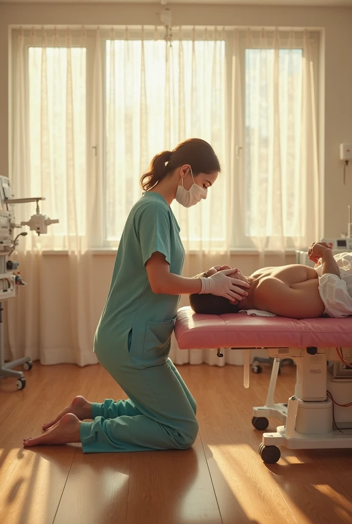 In an anatomy classroom, a mixed-race Brazilian man, stark, very bearded and hairy body, is lying on an examination table, wearing only white underwear. He is touched and examined closely by a group of curious casually dressed students around him., all focused on learning about the human body. The school classroom is bright.
