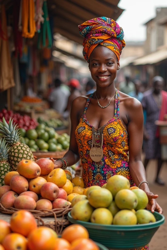 Illustrate a bustling market scene in Accra with Nii Armah, a young man with a pair of old tin cans, creating music amidst the colonial architecture.
**Prompt:**
- Scene: Busy market in Accra with vibrant stalls, colonial buildings in the background.
- Characters: Nii Armah, a tall and dark young man, playing on tin cans.
- Elements: Market vendors, colorful fabrics, fruits, vegetables, fish, Nii’s small home in Jamestown in the distance.
- Mood: Lively, rhythmic, with a sense of everyday life and hidden musical potential.
