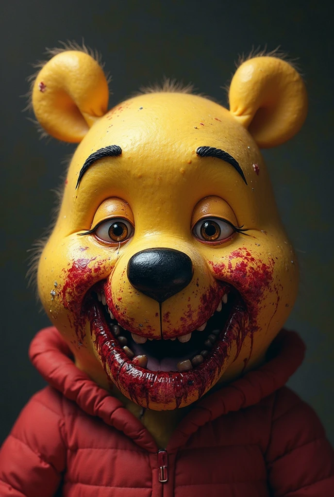 Pooh Bear is smiling while killing people.
He's killing people while being splattered with blood.
In the left hand is a human head
Beside Pooh Bear lies a human corpse.
Pooh is laughing so hard his mouth is splitting.
