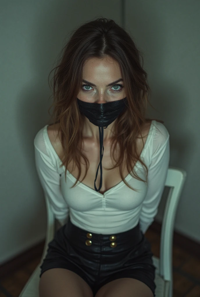 A princess tied with a black satin ribbon, and gagged with another black satin ribbon.