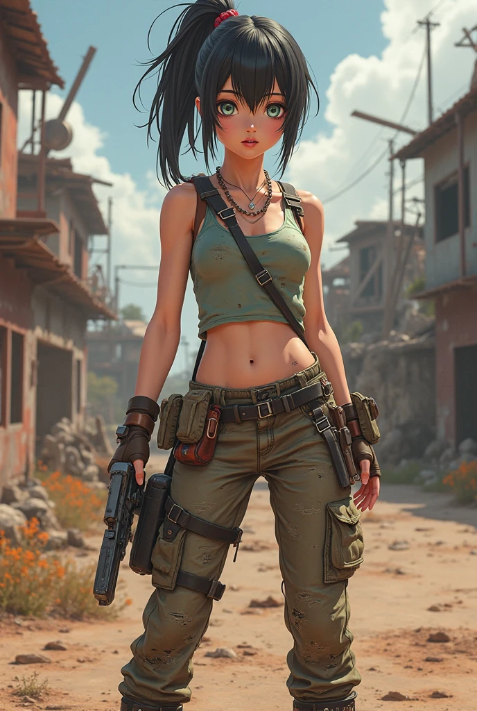 LeonaMS ,(1girl:1.5),(solo:1.5),Masterpiece, Best Quality,(beauty), phisically-based render ,ultra highres,(full body:1.5),narrow waist, skinny, ( torn white shirt:1.5),muscular, big blue eyes,long legs, (torn camouflage shorts:1.5), small breasts,puffy eyes,leather belt,leather holster,(black boots),Prepare for battle,(rainy jungle), shiny skin, wet,facing viewer,