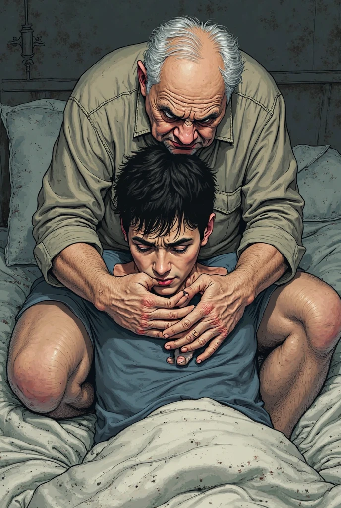A man wearing a black t shirt, dragging a boy by the arm, while the boy holding on to his bed, on a top perspective view