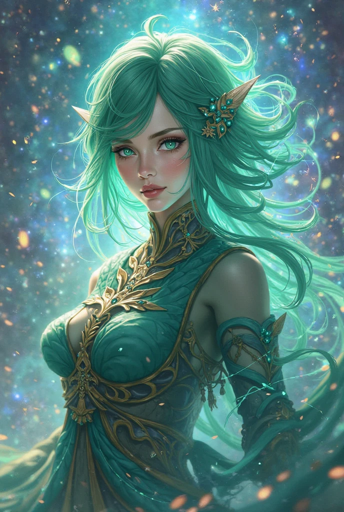 (best quality,4k,8k,highres,masterpiece:1.2, portrait), ultra-detailed, realistic, naked sexy dragon woman with green and blue glittering scales, skin is glittering green and blue scales, medium length wavy green hair with blonde highlights, very playful but mischievous smile, huge tits, gigantic breasts, naked, nude, detailed crotch, detailed vulva, sexy pose, spread legs, playful, bi-coloured eyes, heterochromia, lustful