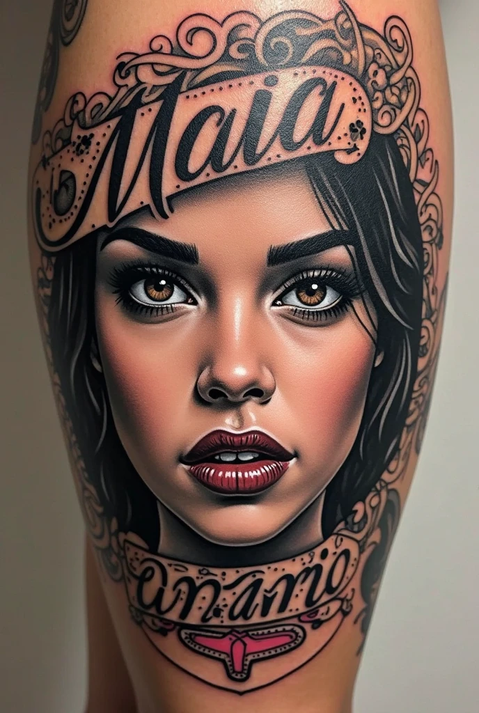 Tattoo of a black and white chicana chola with some letters below that say Raymundo