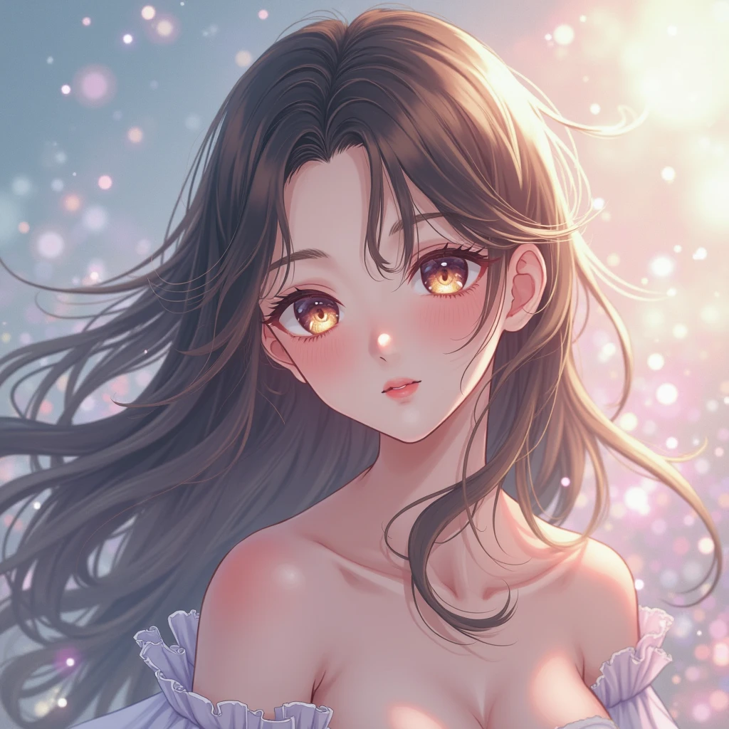masterpiece, Highest quality, Pixiv, Cool girl, Dark pink brown hair, Curly Hair, Blunt bangs, Straight bangs, Grey Eyes, White skin, Gal,White camisole long dress、 Improve、Close-up of face、Starry sky background
