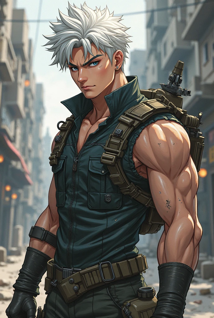 Highest accuracy,Muscular man wearing only camouflage pants,Stand on the side,Shirtless,Lower body erection,Lower body details,Thick pubic hair,Handsome face,Short white hair,Holding a big knife with a sense of technology in his hand,The background is a broken city,The background is rich in detail,Wasteland wind