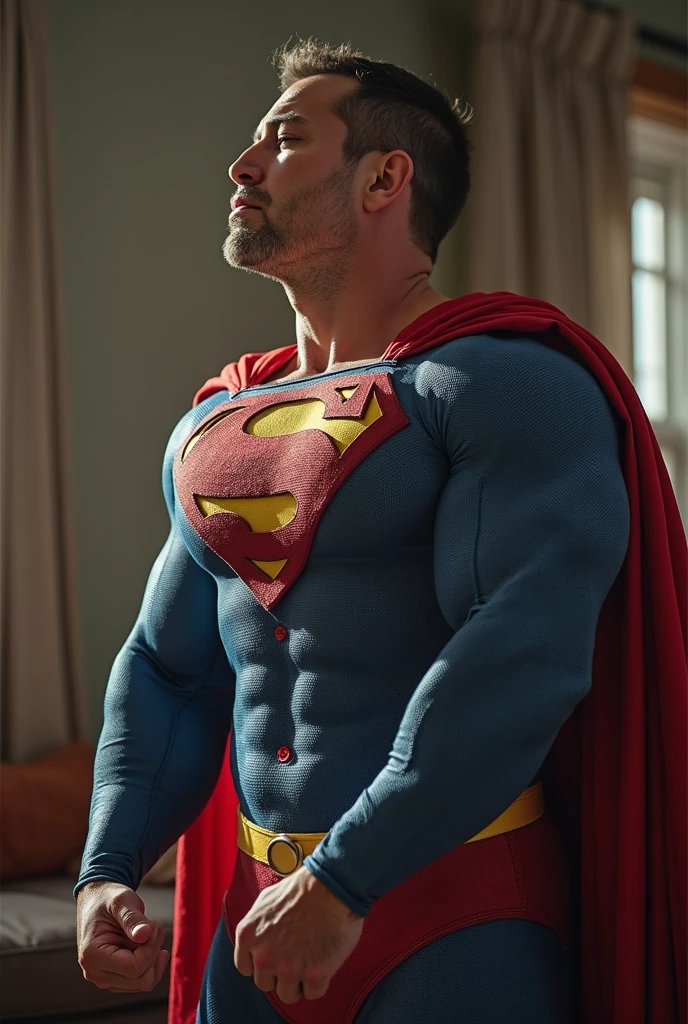 portrait, Hot superman, rugged, dadbod, hairy(stocky), tight costume, superman costume, muscular, beefy, beard, cute, full body, well built, intricate details, neon city