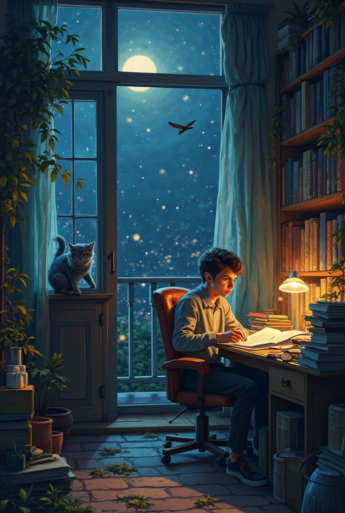 In a city room、Wearing ear pads lined with books、Beautiful teenager with computer in front of window stars at night。Ultra-realistic,8K,Ultra High Definition HD,Pixar Style,High resolution,16:9