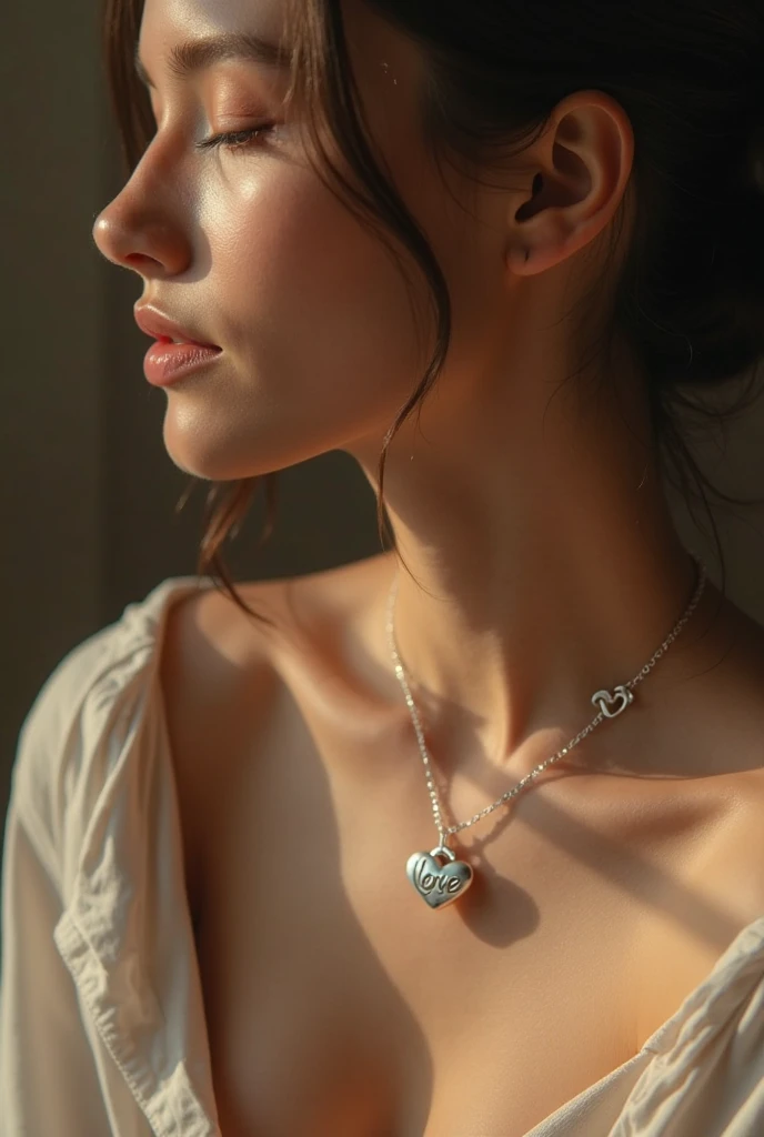 porcelain skin, beautiful skin, shiny skin, soft skin, highlight skin, shiny hair, golden hair, pretty hair, pretty necklace, necklace, elegant necklace, around the neck, elegant necklace, short necklace, fine necklace, silver necklace, choker