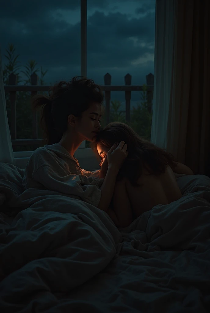 A very sexy office girl, she is wearing a white office worker shirt. She is hot. She is lying on the bed. She is wearing a white shirt. She is sexy. She is kissing another female employee. They are kissing passionately. They are hugging and kissing passionately, but one of them seems reluctant. The other one is being forced. They are lying in each other's arms passionately in the dark. They are angry with each other. They are hugging and kissing. They are horny.