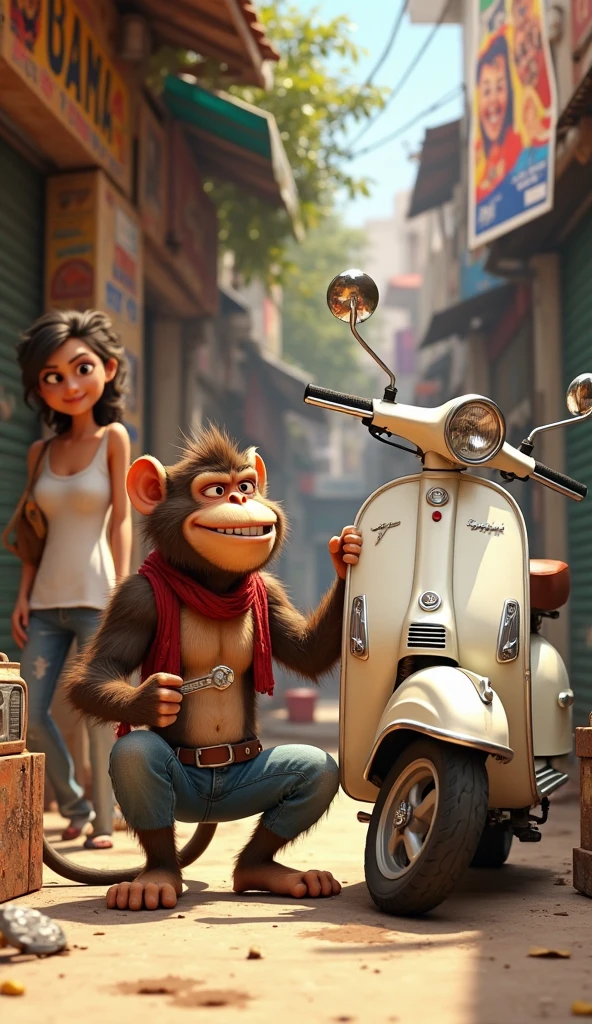 Muscular man, yellow vest that says "Maxim", slightly long hair, riding a scooter, looks handsome, carrying a beautiful girl with big breasts, city background, almost hits a monkey.
