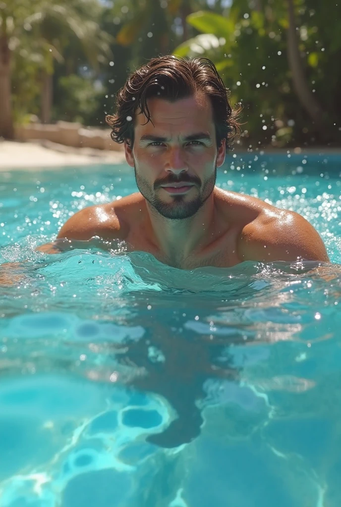 (best quality,4k,8k,highres,masterpiece:1.2),ultra-detailed,(realistic,photorealistic,photo-realistic:1.37),man,standing in a hot tub,selfie,sunny,smiling,beautiful detailed eyes,beautiful detailed lips,extremely detailed eyes and face,long eyelashes,relaxed posture,blue sky,green trees,refreshing water,relaxation,muscular build,cool sunglasses,vibrant colors,happiness,joyful expression,summer vibes,elegant background,clear water reflections,shimmering sunlight,contrast between warmth and coolness