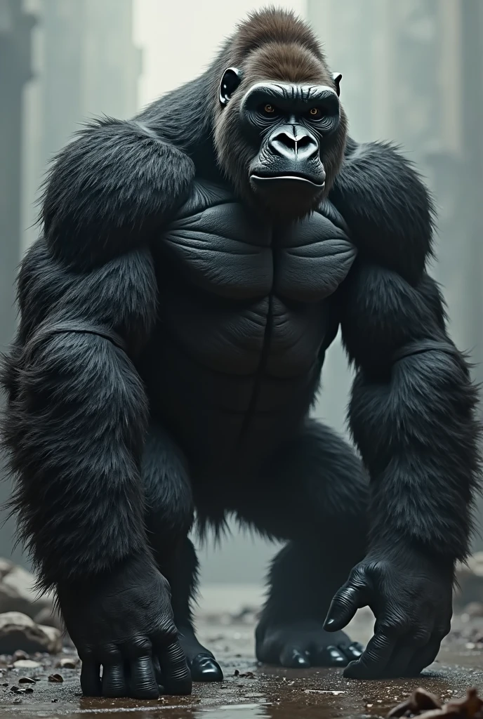 Gorilla in black coat and black shorts with white high top sneakers 
