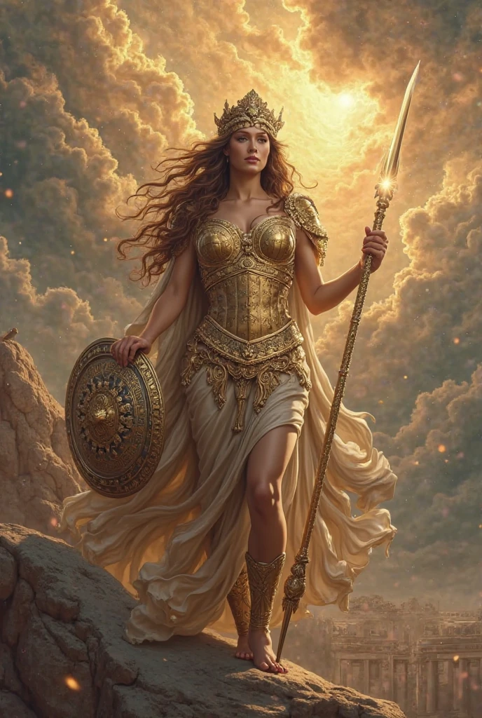 A painting,The painting shows a woman in a white dress holding a shield and, 维纳斯goddess雅典娜, greek goddess athena, goddess of greek mythology, the god athena, athena goddess of wisdom, golden goddess athena, goddess. Extremely high detail, portrait of celtic goddess diana, the goddess hera looking angry, female goddess, earth goddess mythology, venus goddess