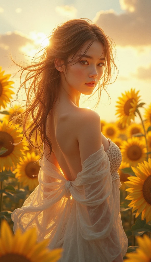 Two 12 year old high school girls, very long hair like Rapunzel, flower crown on head,princess face,innocent,tender, small face, small nose, small lips, expressive eyes,thin eyebrows,totally naked without clothes ,erect nipples,big breasts, thin waist, long and shapely legs, whole body,barefoot, foot ankle bracelet,sunflower field,in the background a wooden cabin, blue sky,(showing buttocks and looking back) (views from behind)ultra high definition, realist, vivid colors, muy detailed, UHD drawing, Pen and ink, perfect composition, beautiful, detailed, intricate, increíblemente detailed, octane rendering, trend on Artstation, 8k art photography, photorealist concept art, Soft natural volumetric cinematic perfect light