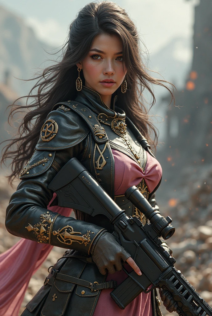 (4K), (masutepiece), (Best Quality),(very intricate), (Realistic), (sharp focus on breasts), (awardwinning), (Cinematic lighting), (Extremely detailed), Fierce and beautiful cyberpunk lone female warrior on the battlefield,((Realistic bachelor woman with flashy colors Beautiful dolce and Gabbana pattern full plate armor with flashy colors and microskirt dress with a view of Dolce and Gabbana cleavage:1.5)),((The woman had a large machine gun in both hands:1.5)), (Colorful hair fluttering in the wind、It looked as if they were about to attack the enemy:1.1).、(She has a wicked smile on her beautiful oval face:1.3), isometric_The setting, Hollywood actress,Incredibly cute girl,,Realistic human skin,Perfect Anatomy, Correct anatomy, Perfect proportions, Perfect face, Perfect hands, Perfect fingers,(Dynamic Poses、Manga style、From fierce battles to carefree moments、 With dramatic speed lines and bold sound effects、Draw groups of characters in different action scenes、Capture the excitement and energy of the story:1.3)、(fumo:1.2)、(battleing、wrecked tanks:1.4)、(Ruins、towns)、(outside of house、Blue sky:1.3)、(spark of light:1.3)、(Wartime:1.2)、Thin leg、thin-waist、skinny thigh、Beautiful navel、lips with beautiful details、alluring face、