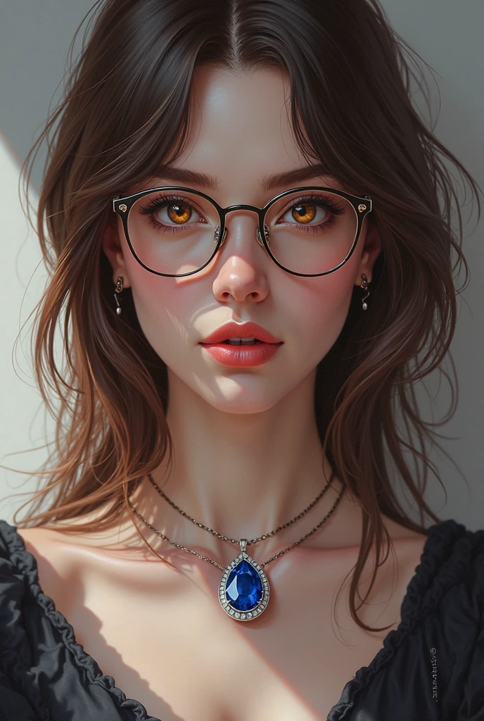 Super model in her 20's with full eyes with long dark ginger detailed hair with detailed face and detailed body with glasses, detailed skin, pores.