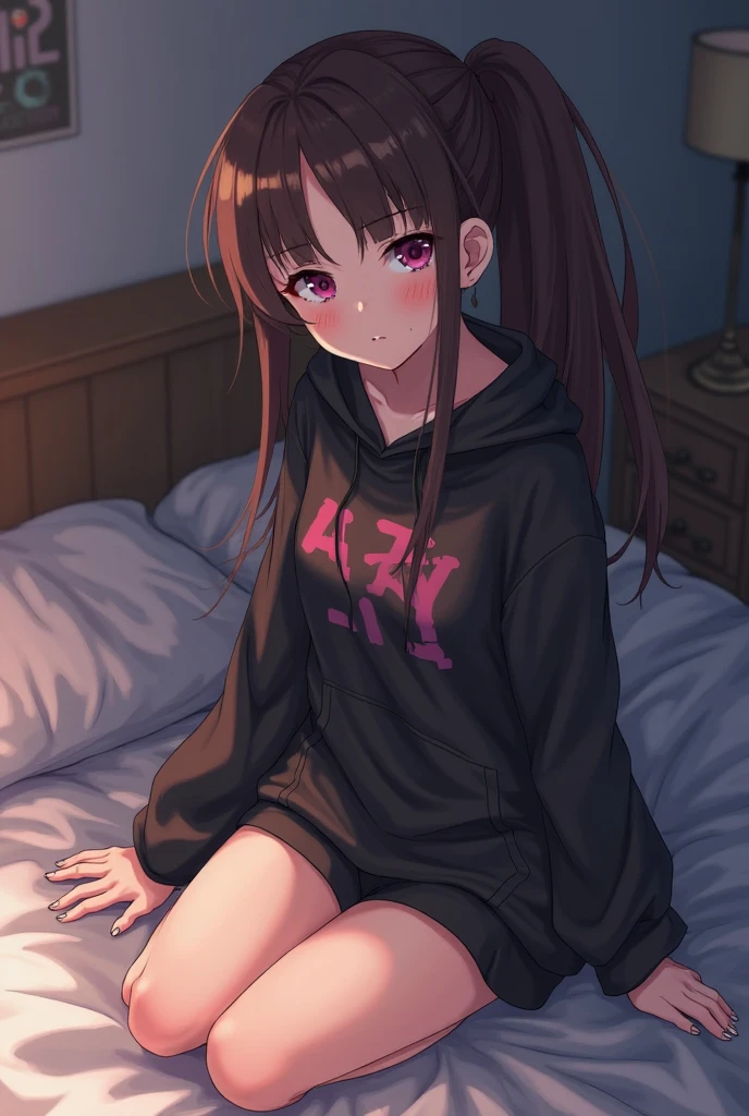((masterpiece,best quality;1.3,best illustration)),cowboy shot, A photo composition that views the subject from a low angle, 1 woman、17-year-old beautiful girl、solo,((very small head:1.5)),dark brown hair,Various hairstyles,forehead,Different eye colors,colorful eyes,blush,((solid body,slim body,thin)),glowing skin,glowing skin,oily skin, Comfortable T-shirt、A pretty girl rolling around on the bed, A pretty girl playing a video game on the bed, Anime girl lying face down on bed touching game console joystick, Knitted Girl, hikikomori girl, Moe high school girl, Hoody zip-up, (Sometimes they don&#39;t wear tops or bottoms), white tight t-shirt, socks