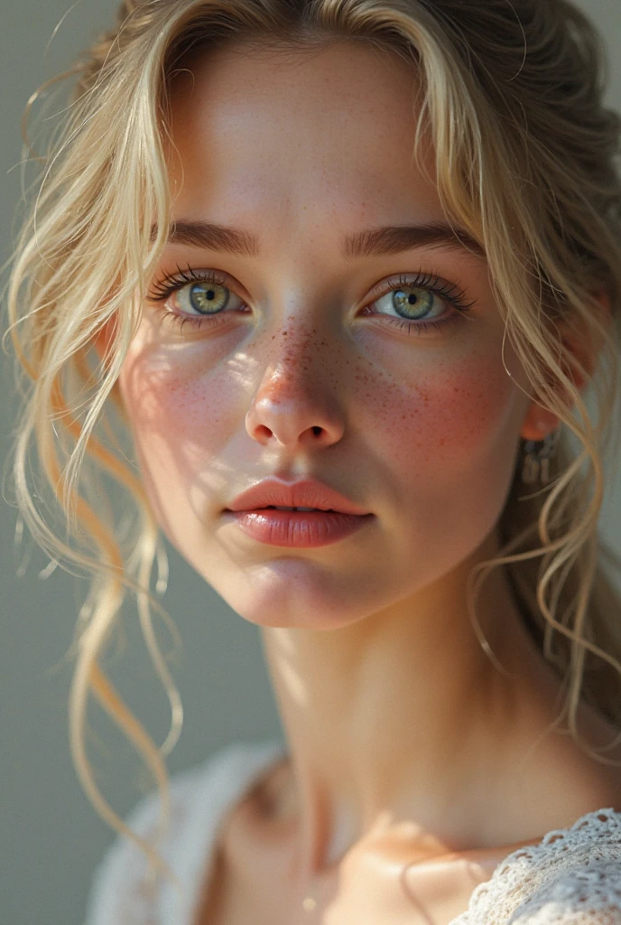 A 25, yeard old girl (highly detailed women face) with long blond hair and (beautitgdetalld green eyes:1.2/closed mouth:1.2), some facial imperfections, ultra detailed, beautiful girl, real human wet skin, striking features, beautiful, intricate details, tension, contrast, (texture:1.1) (realism:1.1) a lots of freckle ((dark red lipstick)) ((Neck tattoo))