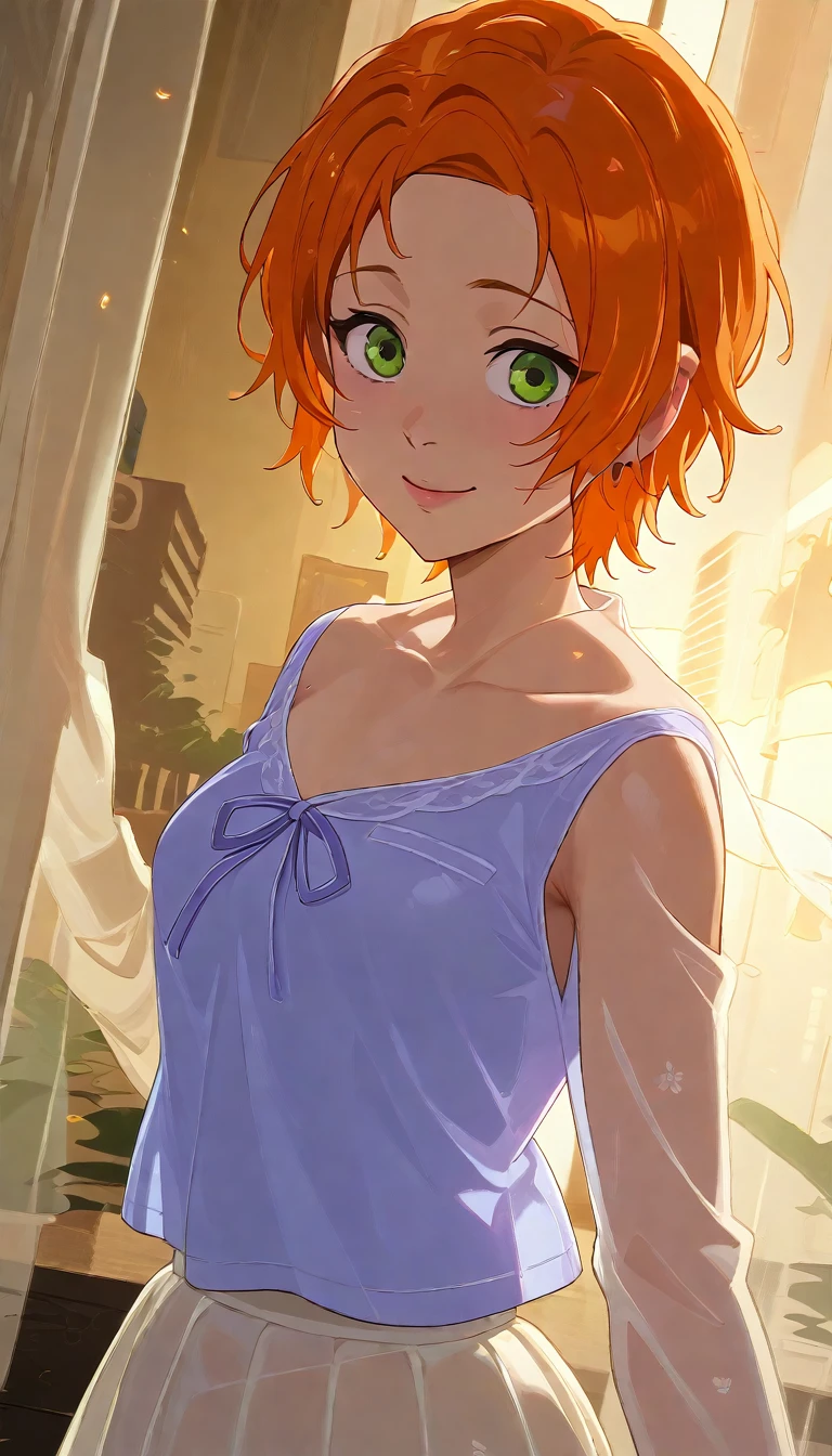 (masterpiece, best quality), 1girl(beautiful face, gwendolyn_tennyson, breasts, naked body, orange hair, short hair, green eyes, half-closed eyes),detailed face, a come-hither face, parted lips, solo, , see-through nightgown, in the bedroom, night time, standing , come-on, lure, from_below