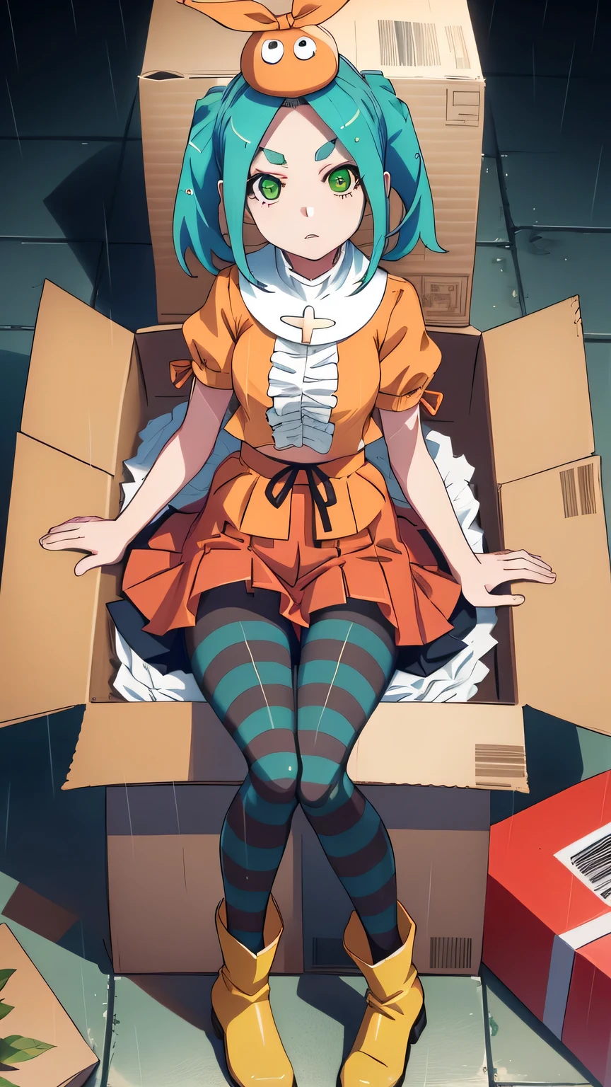 {{{masterpiece}}}, (best quality:1.5), (ultra-detailed:1.5), {illustration}, {{an extremely delicate and beautiful}}, (beautiful detailed eyes:1.6), absurdres, highres, extremely detailed face, 16k, hd, visual anime de uma jovem mulher, extremamente bonito rosto de anime, anime melhor garota, (perfect hands, perfect anatomy), (five fingers:1.1), anime face, Ononoki Yotsugi(Monogatari Series), ononokiyotsugi, 1girl, solo, cute face, aqua hair, short hair, parted bangs, short twintails, thick eyebrows, (green eyes:1.3), orange hat, medium breasts, big hips, curvaceous, BREAK, dress, orange dress, white turtle neck collar, white frills, puffy sleeves, short sleeves, frilled skirt, (red mini skirt:1.5), (striped pantyhose:1.3), blue and gray pantyhose, (yellow boots:1.2), thighs, zettai ryouiki, BREAK, (There's a girl in the box:1.5), (insidebox, in box, in container, cardboard box:1.5), gift, brown box, Sit, outdoor, (night:1.2), (rain:1.3), road, telephone pole, wall, expressionless, (soaked:1.2)