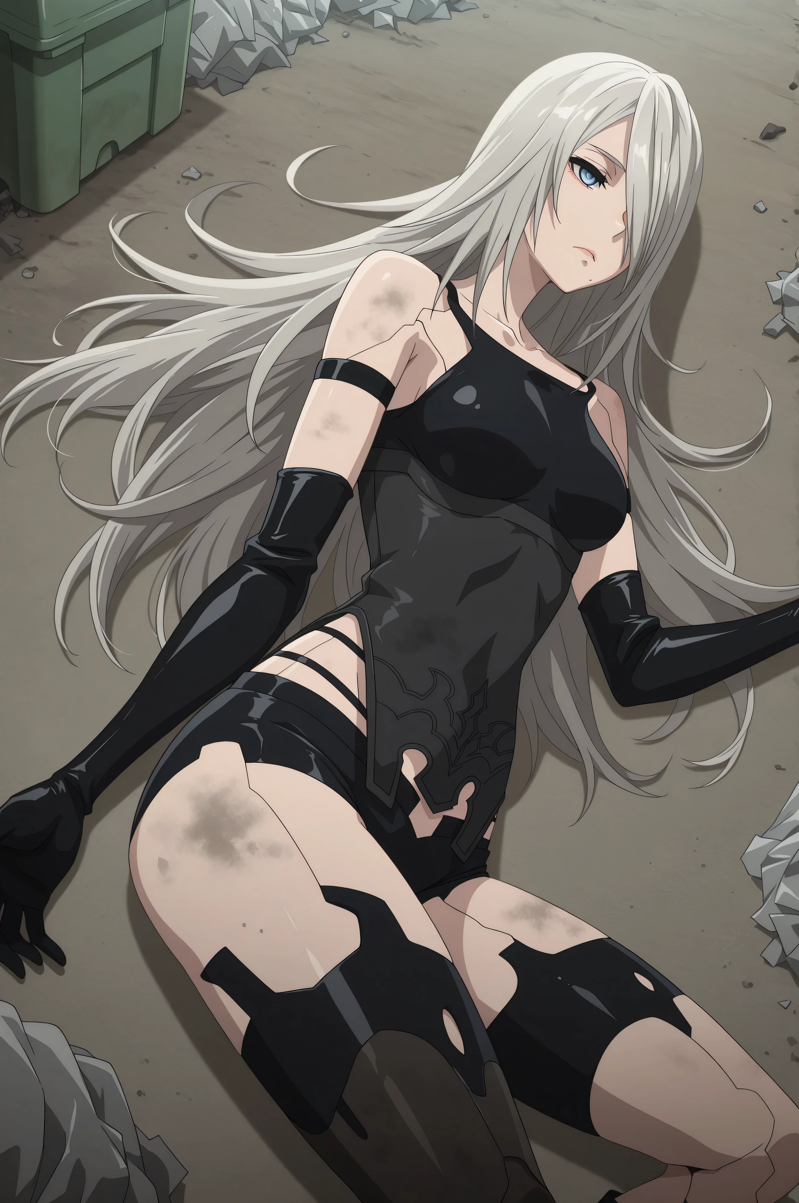 a2yorha, 1girl, blue eyes, long hair, robot joints, hair over one eye, black tank top, elbow gloves, black gloves, armlet, shoulders, short shorts, black shorts, black thighhighs,BREAK
outdoors, Alleyways, garbage dumps, piles of trash,lie on backDe-empowerment,vacant eyes,dirty body,
(masterpiece, best quality, absurdres, highres),