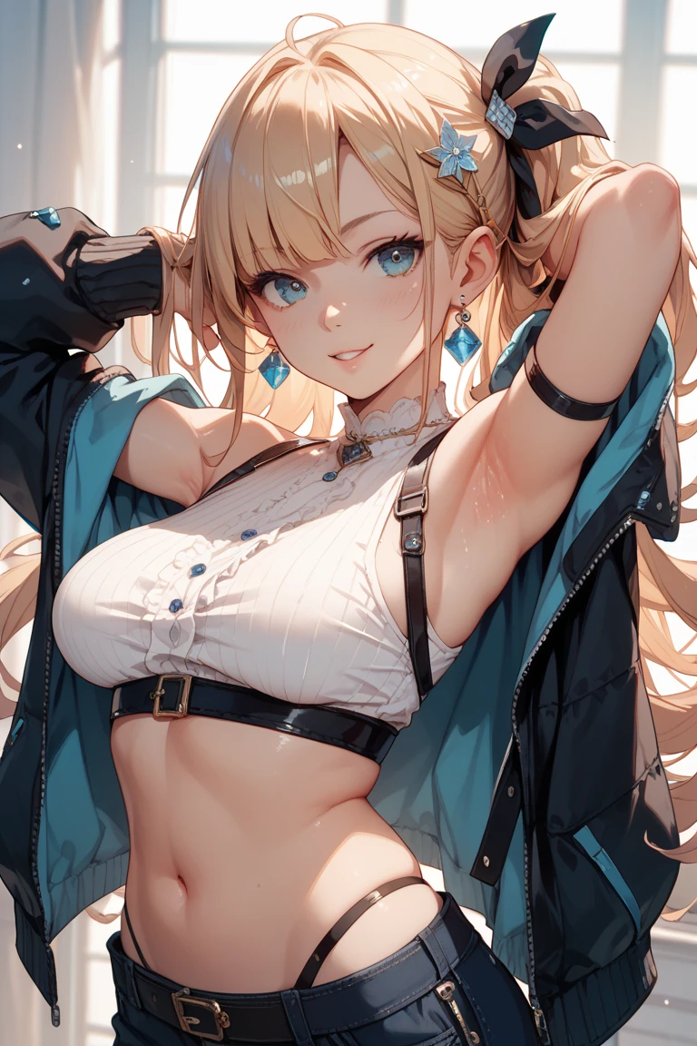 absurd, 8K, high resolution, ultra detailed, beautiful, masterpiece, best quality, very pretty woman, young, blonde hair, (very big breasts:1.3), detailed woman's face, very attractive, (white lingerie:1.2), full body, harley_quinn_isekai, chocker, light-skinned_female, pale_skin, twintails, multicolored_hair, blue_eyes, round eyeliner, parted_bangs