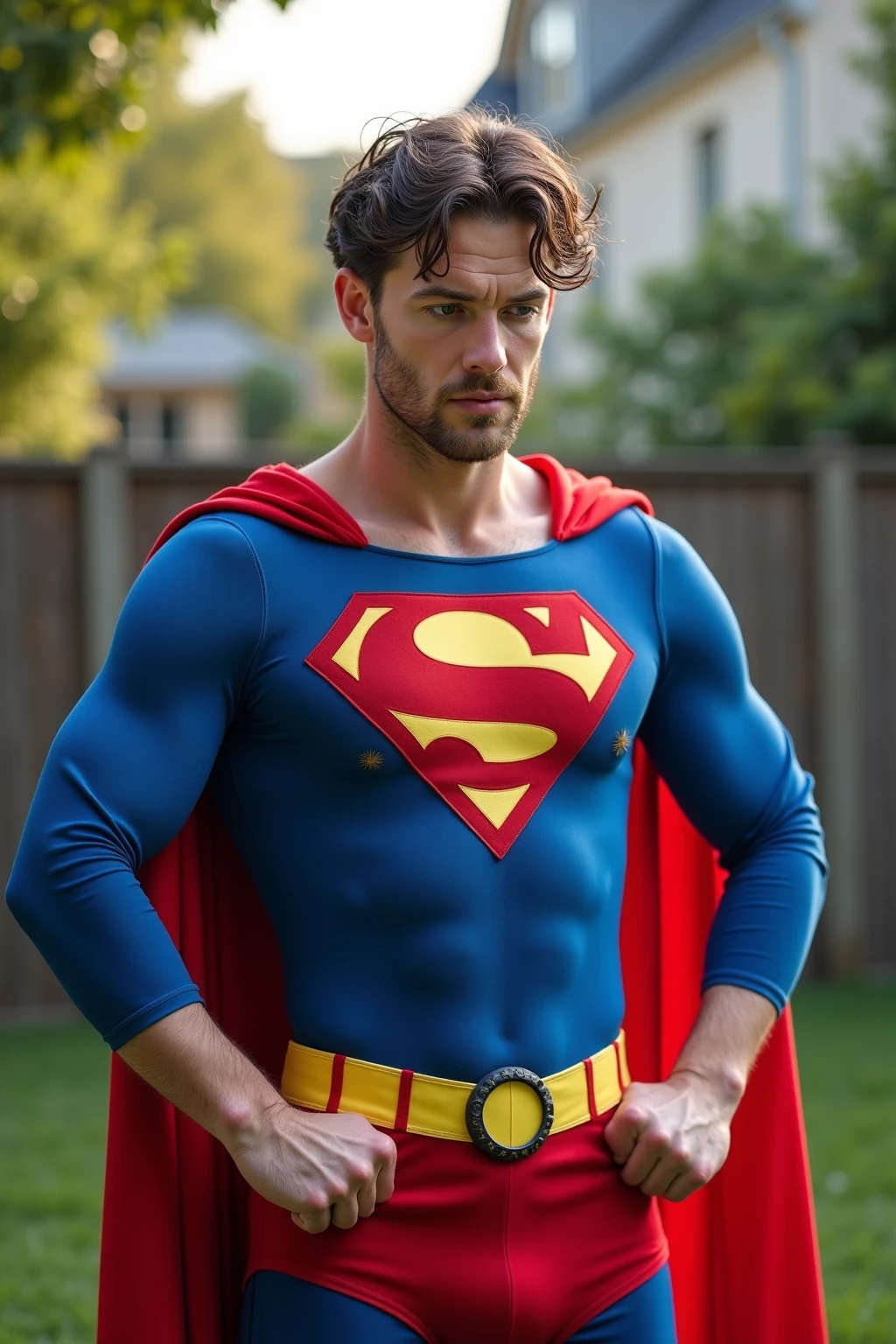 Superman live action (Nice Scout Personality),Homemade costume in medium blue normal fabric,Red shorts over the blue suit