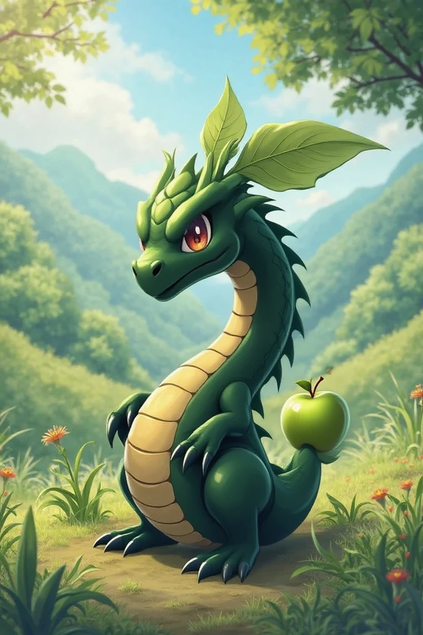 The dragon eats apples in the garden