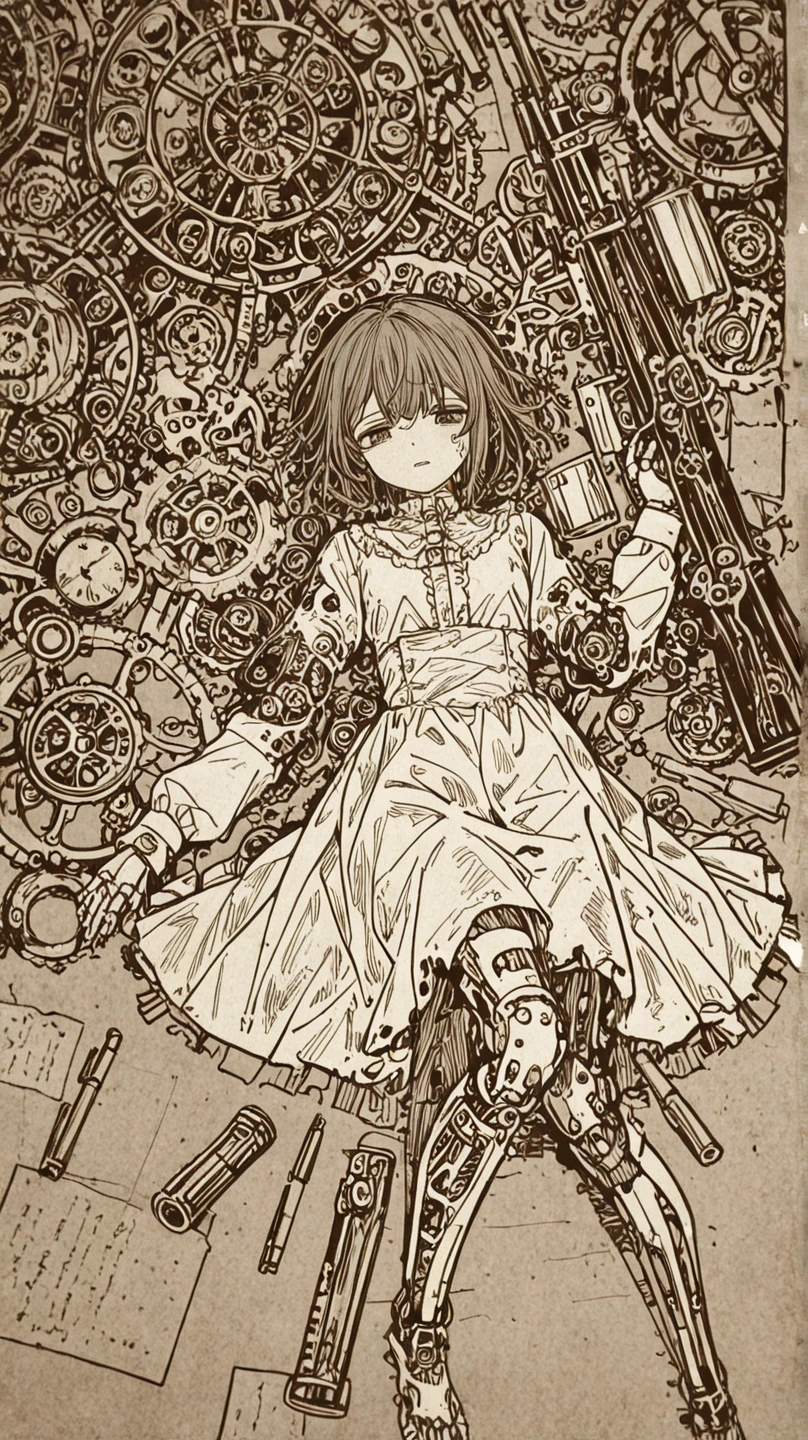 A dying female android lying down, shedding tears as her life fades away. She has delicate mechanical features with exposed circuitry and damaged gears visible through torn synthetic skin. Her beautiful face shows peaceful sadness with a single tear rolling down her cheek. Her Victorian-style dress is torn and damaged, revealing intricate steampunk mechanical components underneath. Around her are scattered vintage firearms - ornate pistols, rifles, and steampunk weapons with detailed engravings. Sparks and steam emerge from broken parts, clockwork mechanisms and ammunition are scattered around her. The scene conveys the tragic end of artificial life after battle with deep emotional impact. Her eyes are slowly closing as her systems shut down. Detailed line art, engraving style, crosshatching, fine line work, sepia tone, vintage paper texture, intricate pen drawing, technical illustration, Victorian illustration, steampunk mechanical details, intricate gears and machinery, mechanical precision, etching style, antique illustration, monochrome, aged paper texture, melancholic atmosphere.