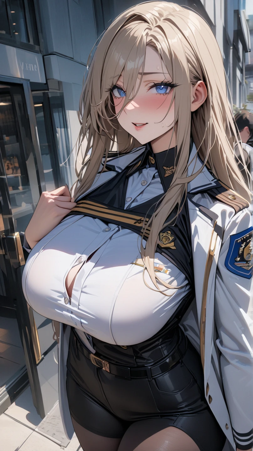 (((Uniform torn and nipples exposed)))、((bra very))、((((feel shy))))、a blond、beautiful Girl、Large beautiful breasts、cleavage of the breast、A slender、オマンコ、((痴女))、(((((sexually seducing)))))、((Inside the bustling city))、((smil))