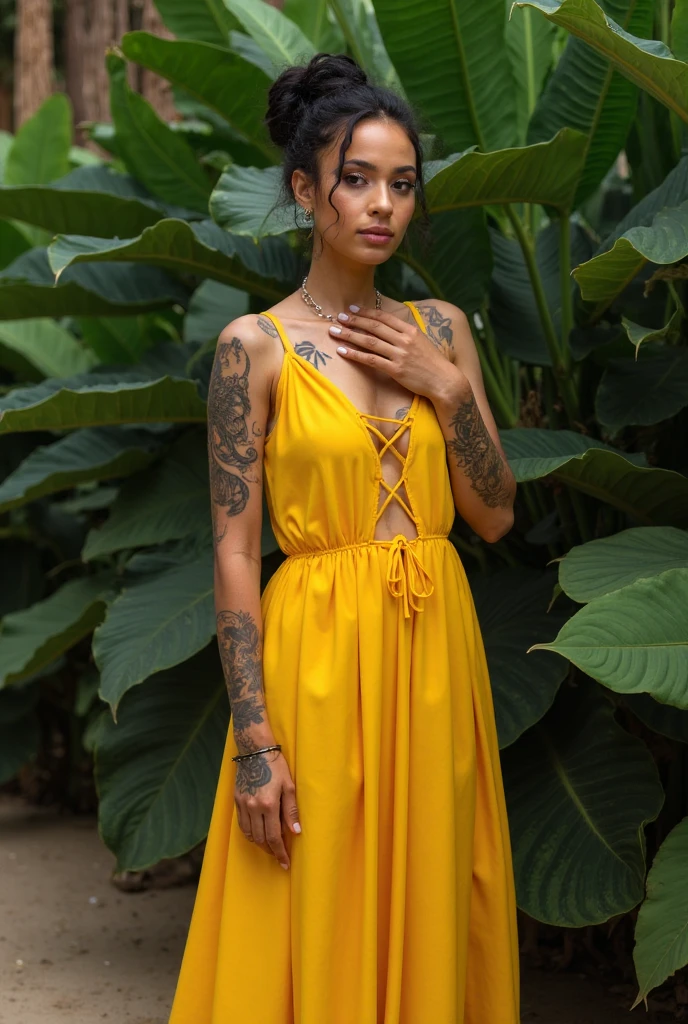 Chica, pelo mediano color naranja, vestido, ojos verdes, zapatos negros, pink nails, tatuajes en brazo izquierdo y collar