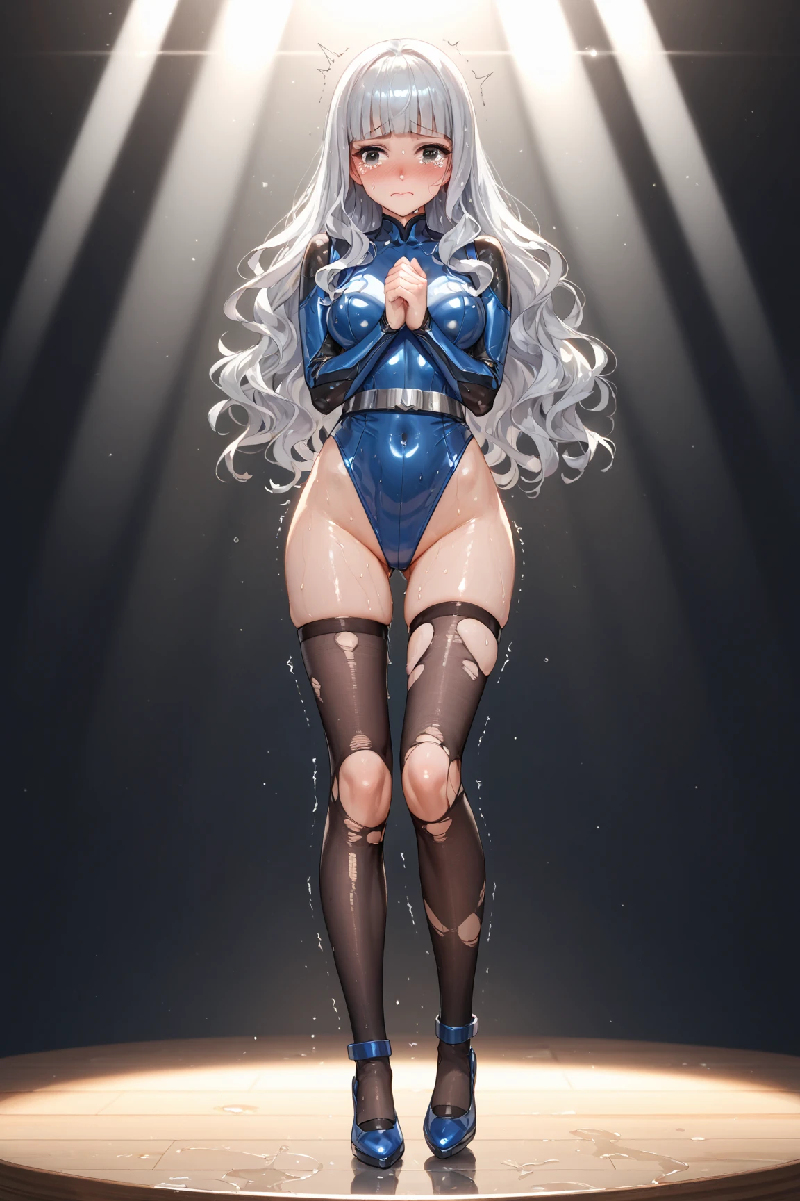 Masterpiece, beautiful lighting, detailed beautiful face, detailed beautiful eyes, high resolution, ultra-fine illustration, very delicate and beautiful, highest quality, dynamic lighting, cinematic lighting,
(:1.3), Solo, 30s, (Silver Hair, Long Hair, Blue Eyes),, Curvaceous, (Shiny Hair, Glossy Eyes, Shiny Skin), Smile, (Glowing Skin:1.2),
, thighs, covered navel, pelvic curtain, gloves, elbow gloves, armpits, smile, black thighs, watch viewer, earrings, thighs, squat, arms up, under, blush, sweat, jewelry, thick thighs, black gloves, bangs, arms behind the head, (cheongsam), legs spread, lips parted, full body, pantyhose, traditional chinese hairstyle