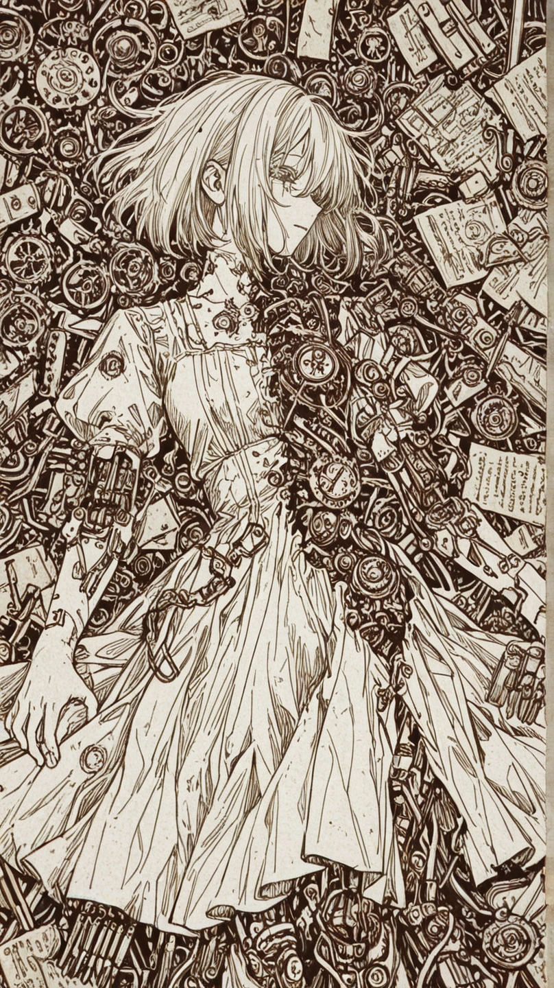 holding broken female android, delicate mechanical features, exposed circuitry, damaged gears scattered, peaceful lifeless face, intricate steampunk details, Victorian dress torn damaged, boy deep sorrow grief, tears streaming, cradling broken android, mechanical parts clockwork scattered ground, watercolor and ink, rough texture, sketchy outlines, traditional media, organic lines, hatching and cross-hatching, paper texture, analog art style with visible brush strokes and line work.