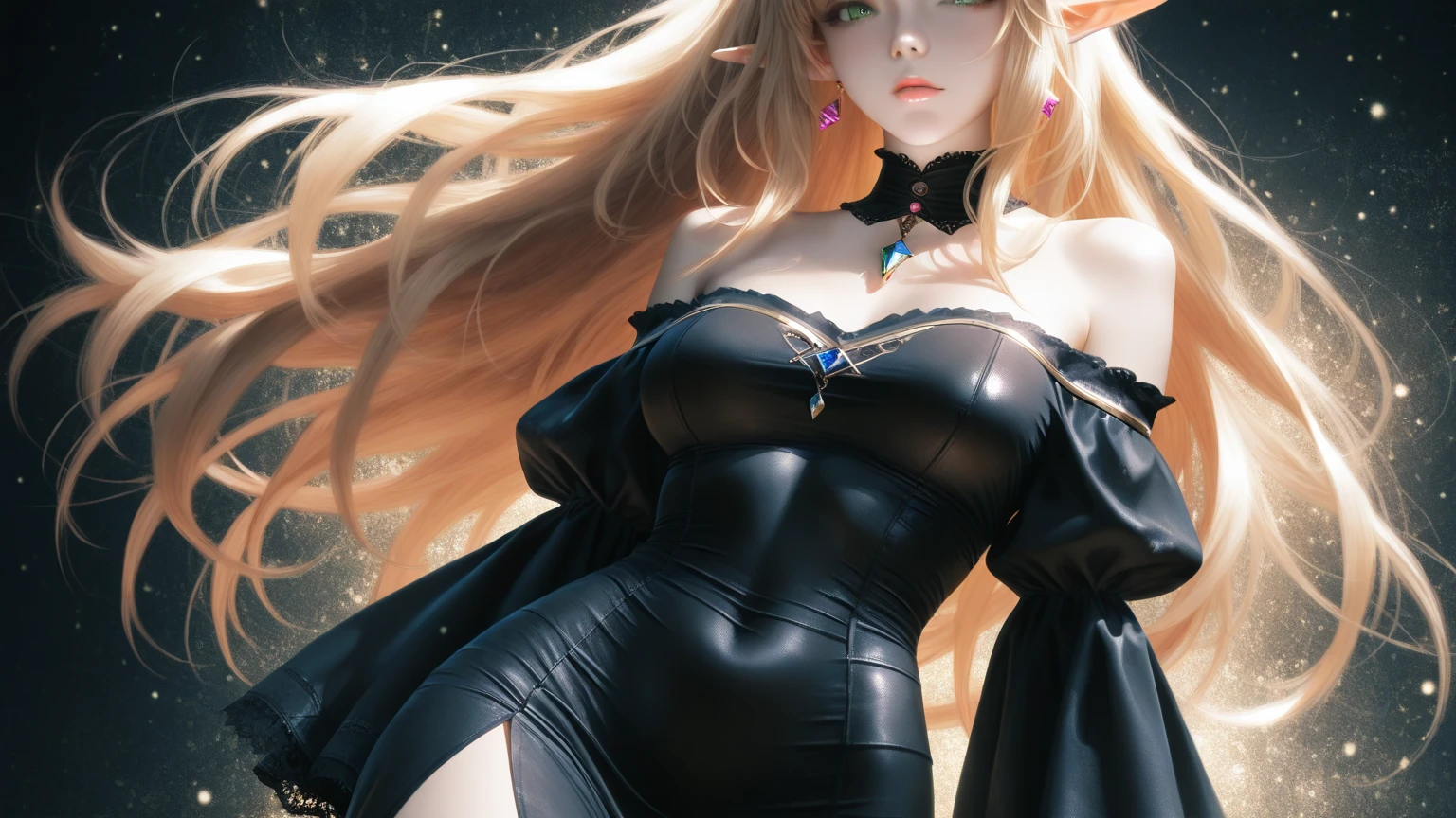 , girl in black japanese , badass anime 8k, anime art wallpaper 4k, anime art wallpaper 4k, fantasy anime artwork 2.5 d cgi, art wallpaper 8k anime, digital detailed anime art, beautiful fantasy anime, epic anime artwork, 4k anime wallpaper, detailed anime artwork, sexy, sexy, woman, anime style, best quality, extremely detailed, best shadows), (detailed background, dark fantasy), (beautiful detailed faces), high contrast, (best lighting, extremely delicate and beautiful), ((cinematic lighting)), colorful, super detailed, dramatic lighting, intricate details, (1 girl, solo, sharp face, . Blonde, super long hair , thin bangs, long eyelashes, dynamic angle), blood splatter, black light swirling around character, depth of field, black light particles, (broken glasagic circle