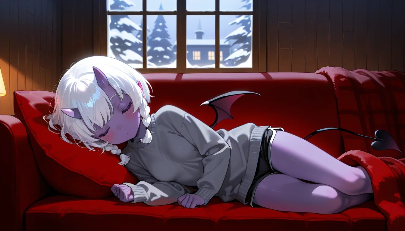 score_9, score_8_up, score_7_up, score_6_up, zPDXL2, grimm \(hollow knight\), vampire, bat, 1boy, solo, cute face, detailed eyes, thick thighs, tiny, thick ass, background, landscape, near a window, snow falling outside, living room, at night, near the fireplace, winter coat, femboy, NSFW, pov