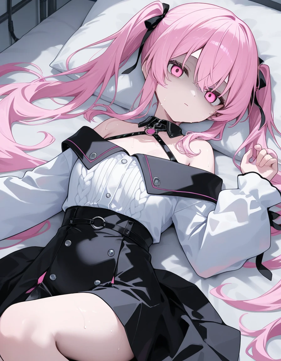 score_9, score_8_up, score_7_up, source_anime, masterpiece, absurdres, fullbody, close view, bedroom, mess, scattered clothes, 1girl, lavender eyes, swirly eyes, straight hair, long hair, purple strands in hair, hair over shoulder, busty chest, medium hips, medium waist, frilled off shoulder dress, white and black dress, black long sleeved gloves, black hairband, thigh-highs, garter straps, slight blush, teasing grin, standing, left hand on face, right hand on hip, leaning front, revealing cleavage