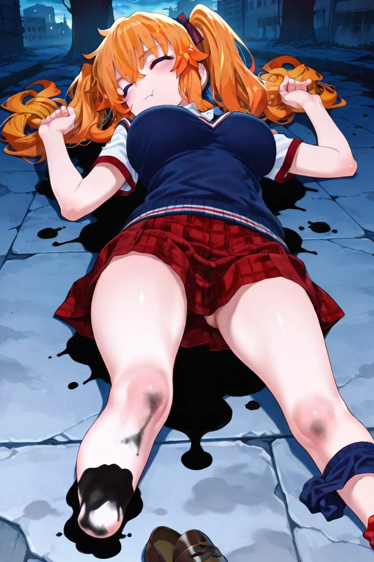 (illustratio), (high resolution), (8K), ((highly detailed)), (The best illustrations), (top-quality), (masterpiece)、(((Orange hair))), blue eyes, adorable young girl, ((thick anime girl)) teen girl, 1girl, small girl, (perfect anatomy) ((adorable girl)), Orange hair, juicy ass, Perfect mouth, ((lifeless face)) (Perfect nose, perfect breasts, perfect face, medium breasts, perfect arms, perfect legs, (masterpiece, best quality), fair skin, redhead hair, waifu freckles, (messy hair) ((diminutive waist)) (((tokyo-3 middle school girls uniform))) ass, miniskirt, (solo), thick thighs,1girl, (pov:1.2), huge breasts, solo focus, open mouth Freckles, (side pov) (emotionless) (((laying on black garbage bags))) ((street garbage)) (((eyes closed))) (((arms bound))) (perfect arms) (perfect hands) (5 fingers) ((on back)) ((fetal position)) (((mouth open))) (((skirt lift)) ((cum on body:1.4,bukkake:1.4)) cute pussy, (((panties lowered(red panties)))) ((in a street dumpster))