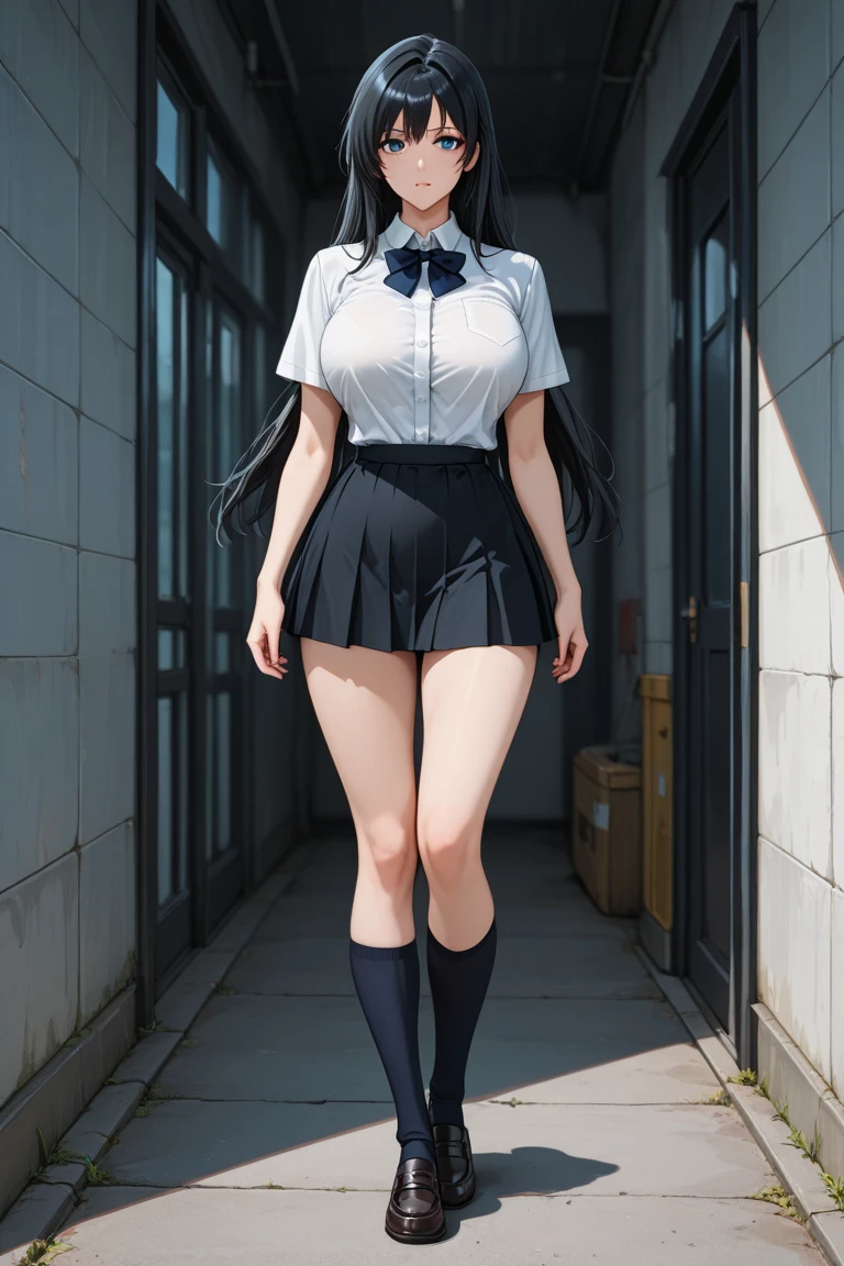 realistic image, coherent image, detailed image, 1 beautiful elf, She has black hair, long hair, turquoise eyes, her face is oval and delicate, Blushing, smiling, She is wearing a transparent long sleeve shirt, plaid pleated miniskirt, sneakers. She has a curvy body, medium breasts, thick thighs, shy pose, black bottom, see-through,