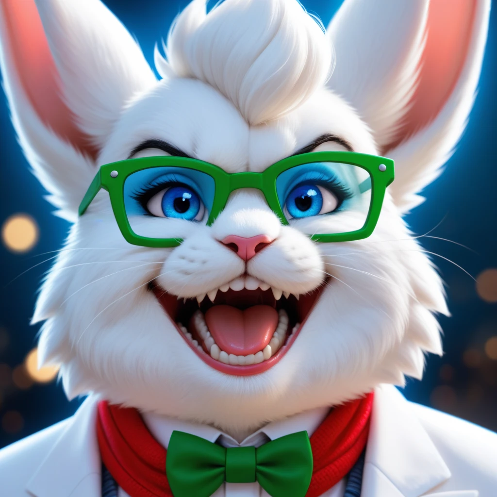 White rabbit bust red colored scarf on the head of angry green glasses big pointed blue bow tie teeth , pelo liso preto, very funny,  in Alex Petruk style  , Cores fluorescentes , perfect iso perfect lighting control, Perfect iso pattern