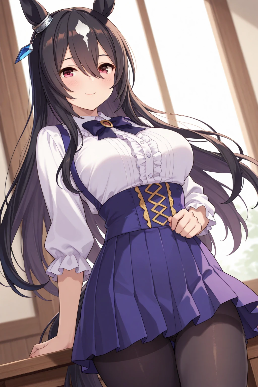 score_9, score_8_up, score_7_up, source_anime, game cg, harunakainiKC, long hair, skirt, hair ornament,White shirt dark Blue school skirt ,smile,parted lips, HOTEL ON the bed