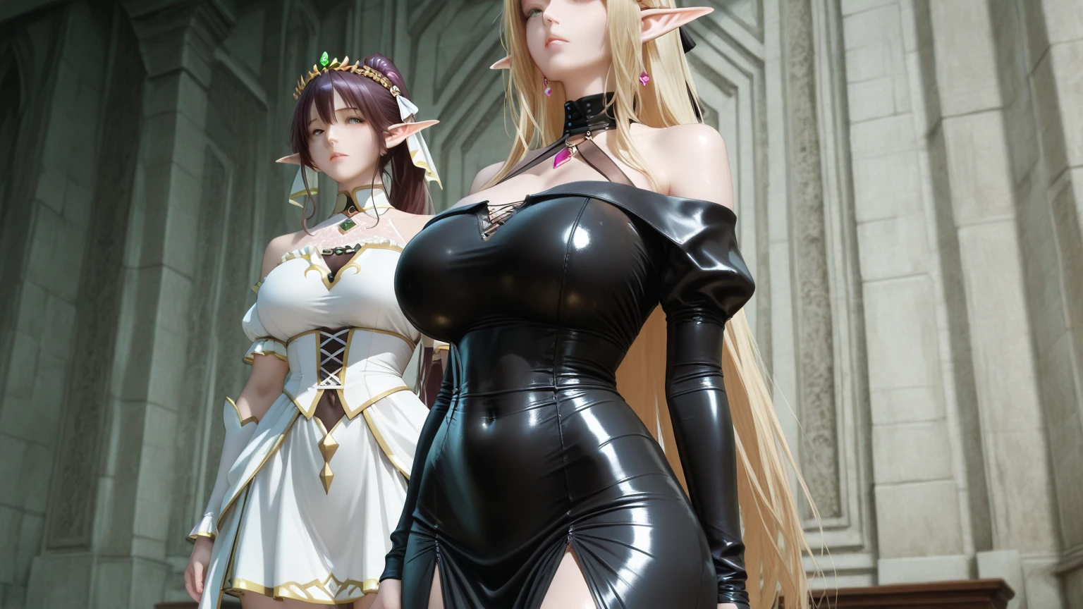 Queen elf woman, wears a fitted short black maid dress, has long messy shaggy blonde hair, It has red eyes, has a big breast.
