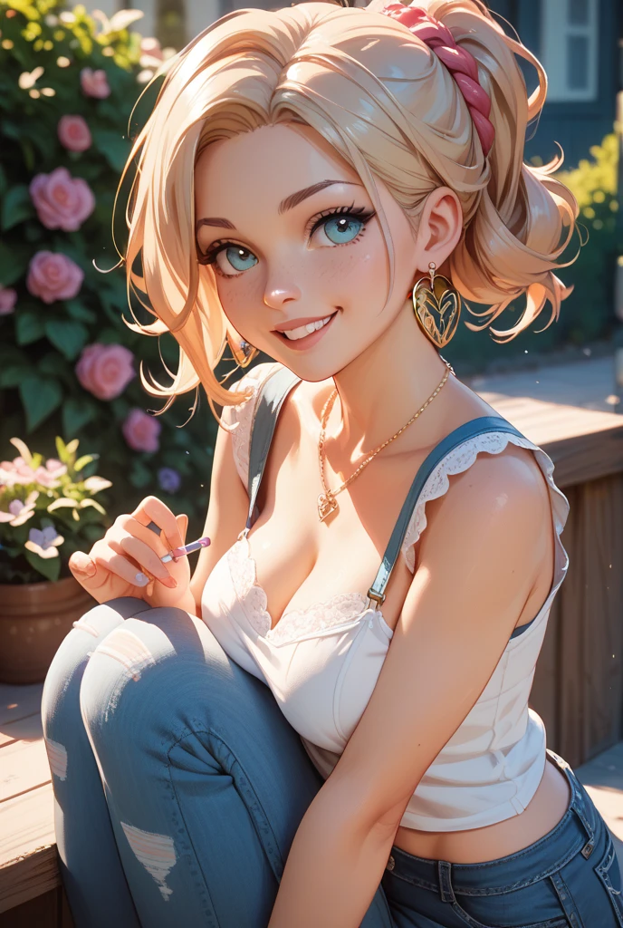 UHD,8K,Hyperrealism,light brown hair,happy tears,red eyes,crystal earrings,smile,cowboy shot,sony FE