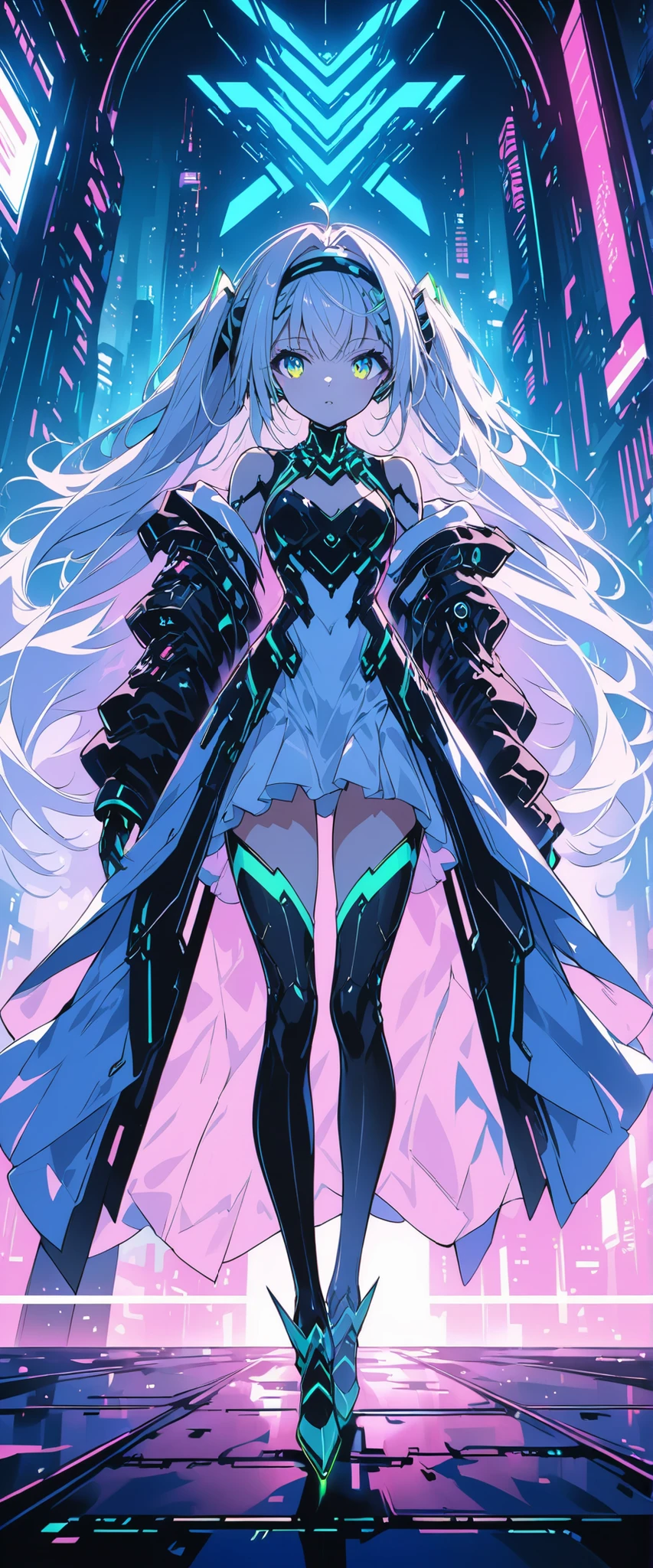 A beautiful girl wearing a cyberpunk-style mecha flying in the sky, Long white hair,Hair accessories, Huge transparent wings, cape, scarf, electricity,flame,ice,gem,cloud, Metal Material,Wood texture, Depth of Field, Blurred background,A fusion of aesthetics and dynamics,Wide-angle lens ,(masterpiece, Top quality, best quality, Official Art, beautiful and aesthetic:1.2), Fractal Art, rich and colorful, Glowing skin,