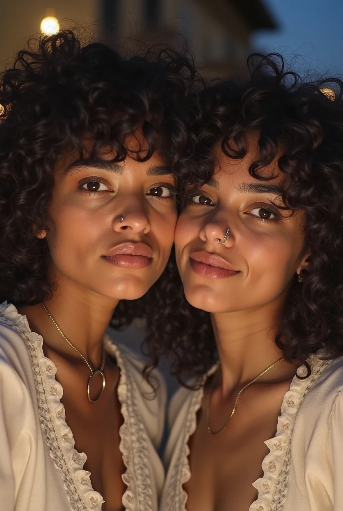 Beautiful Lighting, (1girl: curly hair, short hair), black pajamas, tan skin, alone, freckles, twoheads, in bed, laying on back, ((heads turned away from each other)),